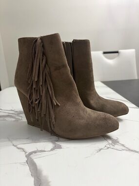 Suede Fringe Wedge Ankle Boots - Taupe